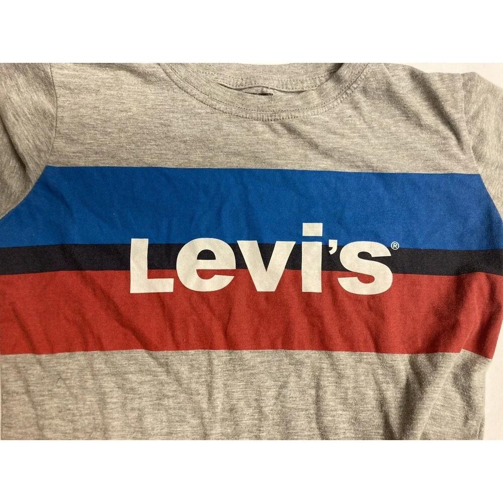 Levi's Kids Striped Logo T-Shirt Gray Blue Red Cotton Crew Neck Sz 10